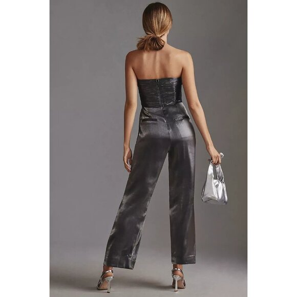 by Anthropologie 8 Pewter Ruched Strapless Shine Jumpsuit Holiday - Picture 2 of 7